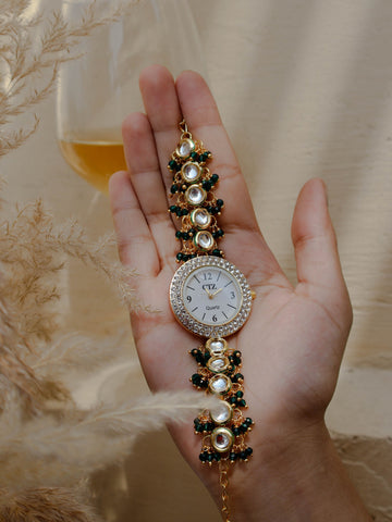 Kundan Green Stone Wrist Watch