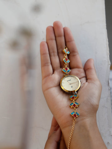 Kundan Turquoise & Red Wrist stylish Watch