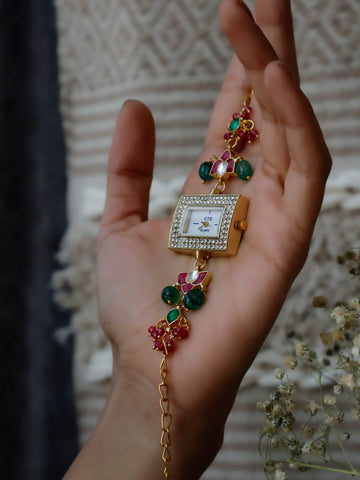 Red-Green Kundan Wrist Watch