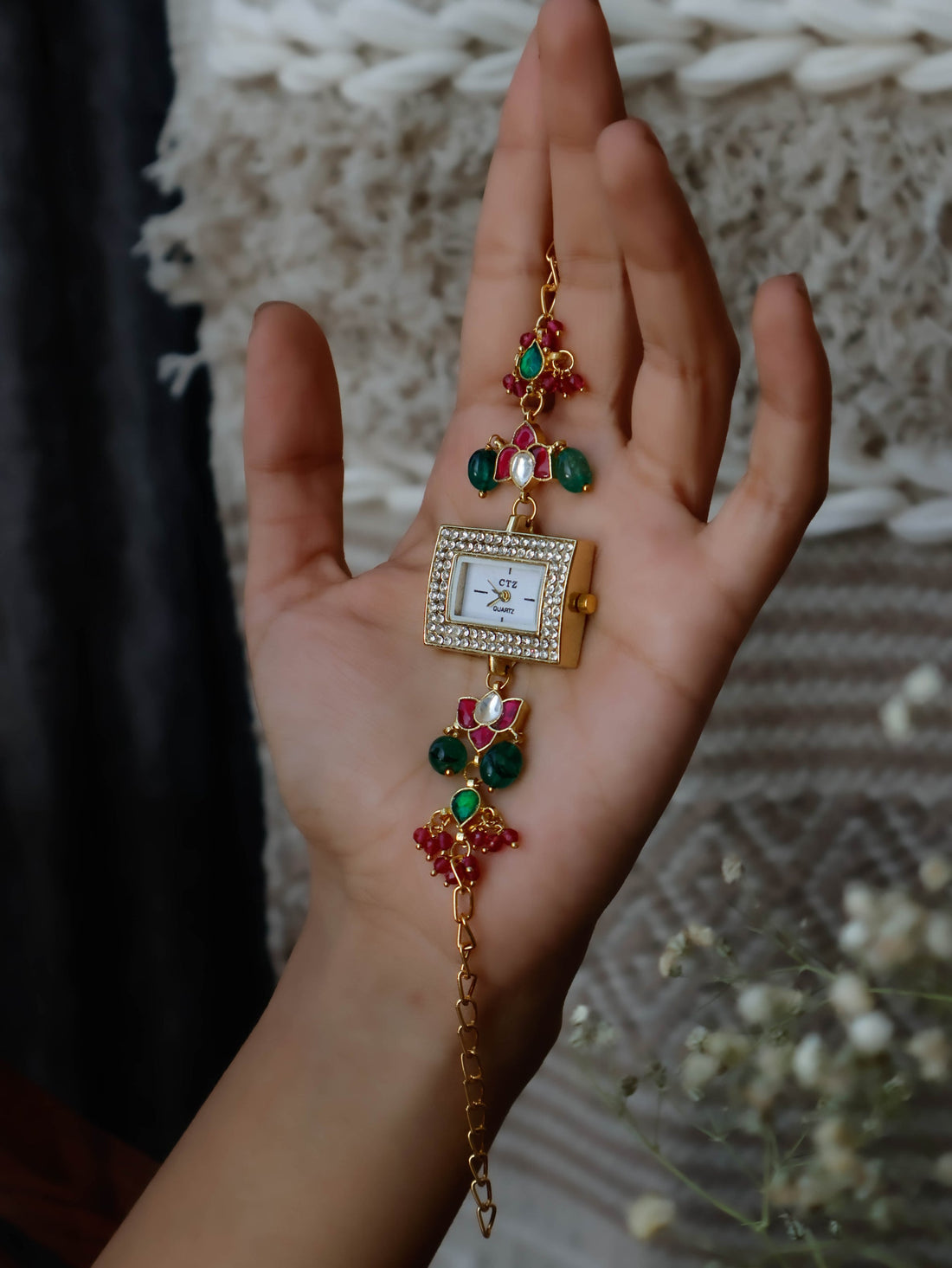 Red-Green Kundan Wrist Watch