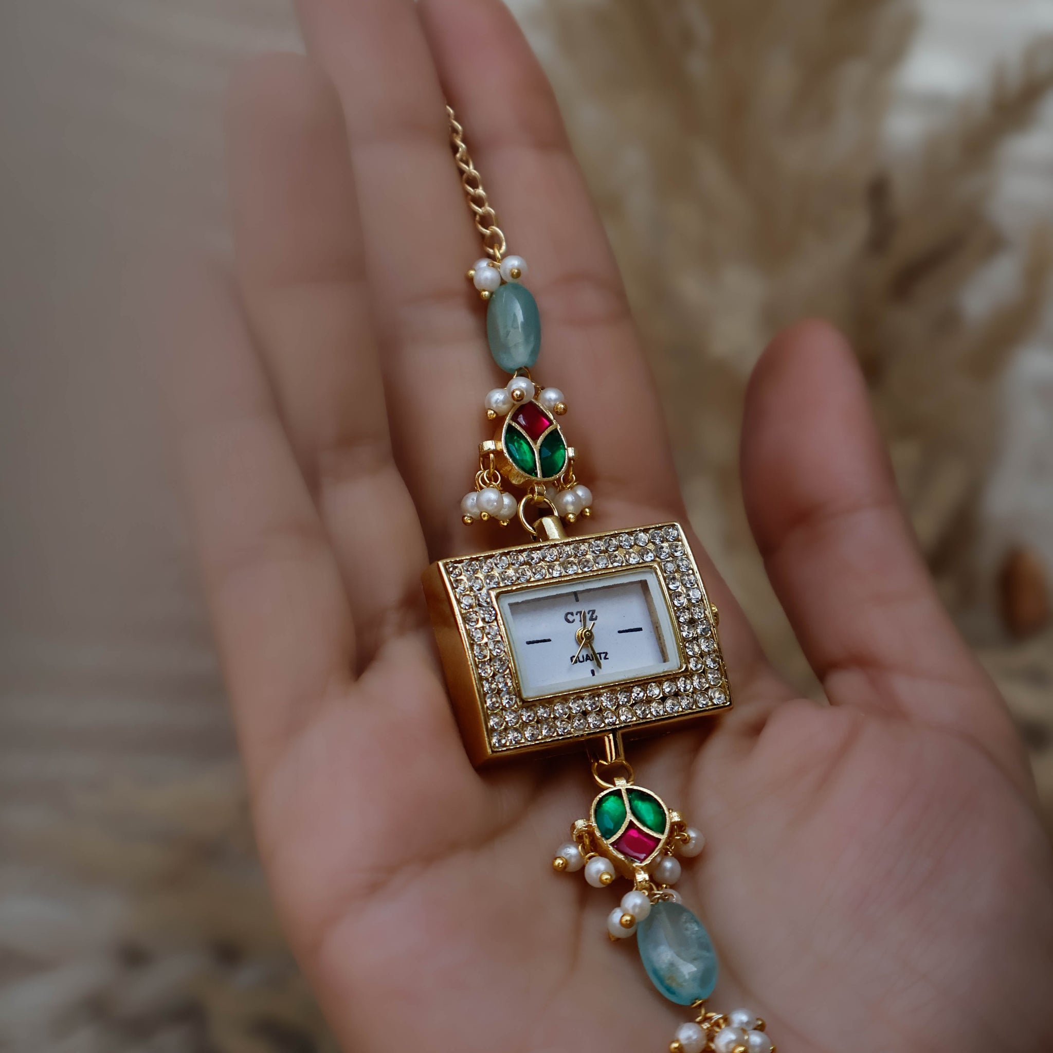 Kundan Mint Green Wrist Watch