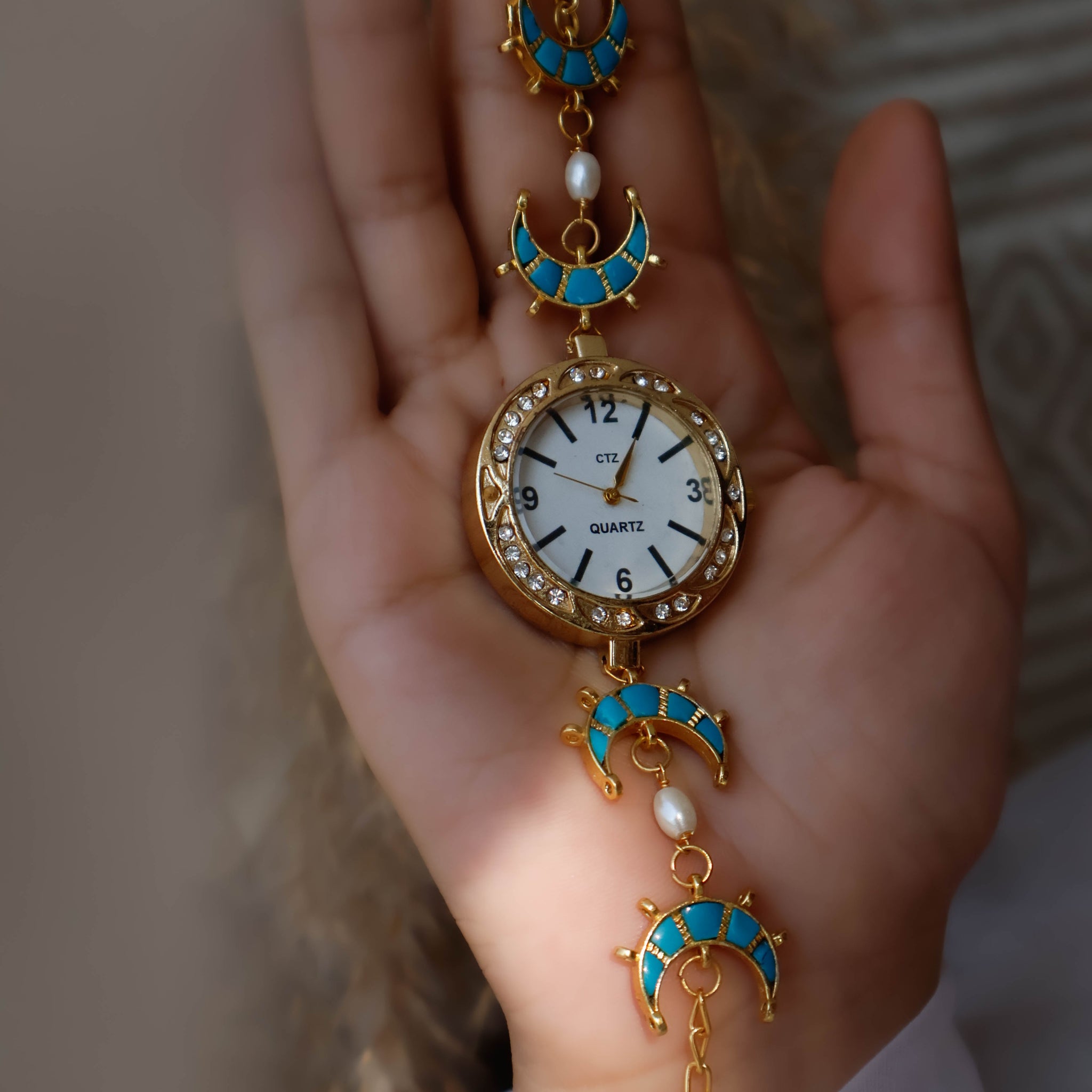 Blue Kundan Wrist Chain Watch