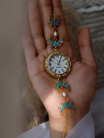 Blue Kundan Wrist Chain Watch