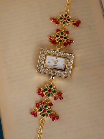 Green-Red Kundan Wrist Chain Watch