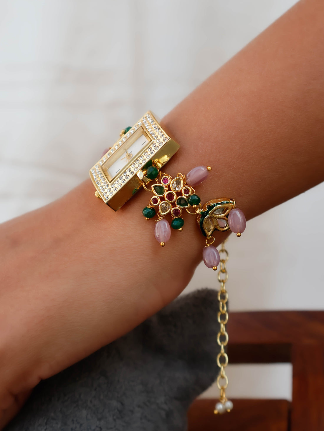 Multicolor Kundan Wrist Chain Watch