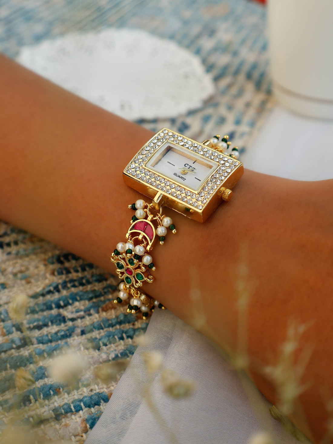 Green-Red Kundan Wrist Chain Watch