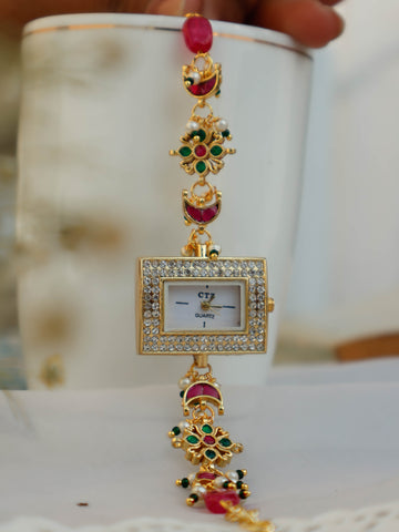 Green-Red Kundan Wrist Chain Watch