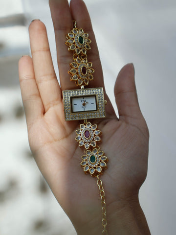 Green-Red Kundan Wrist Watch