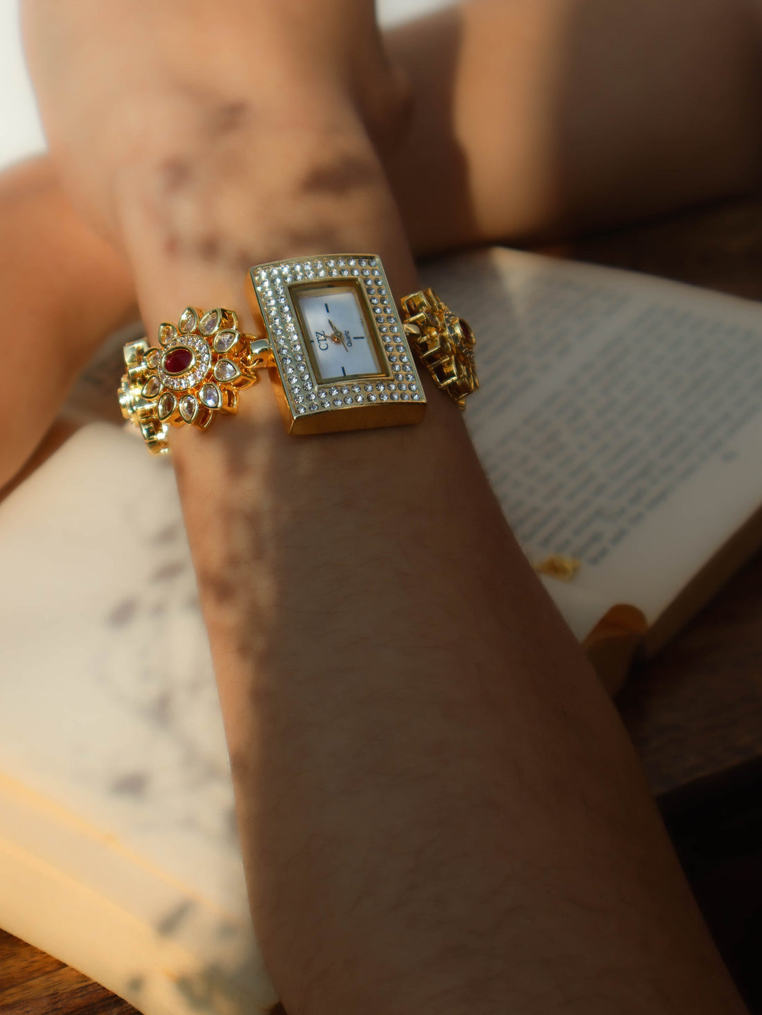 Green-Red Kundan Wrist Watch