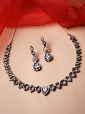 Rose Gold-Plated Gunmetal Toned White American Diamonds Studded Spheroid Necklace & Earrings Jewellery Set