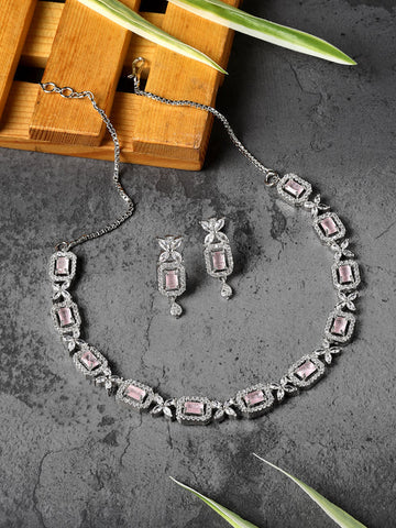 Rhodium-Plated Pink American Diamonds Studded Cubical Necklace & Earrings Jewellery Set