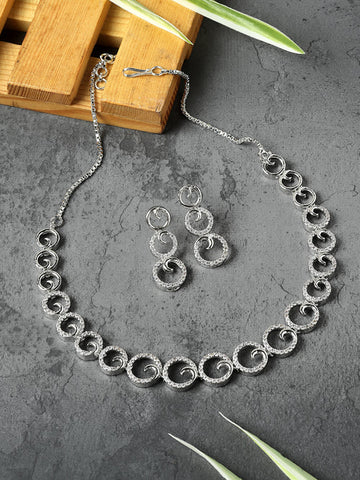 Rhodium-Plated White Oblique Shape American Diamonds Studded Necklace & Earrings Jewellery Set