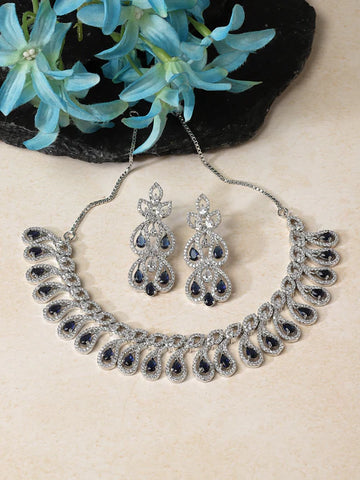 Rhodium-Plated Navy Blue American Diamond Studded Paisley Shaped Necklace & Earrings Jewellery Set