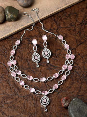 Rhodium-Plated Pink American Diamond Studded Abstract Necklace & Earrings Jewellery Set