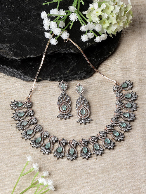 Rose Gold-Plated Gunmetal Toned Sea Green American Diamond Studded Traditional Touch Necklace & Earrings Jewellery Set
