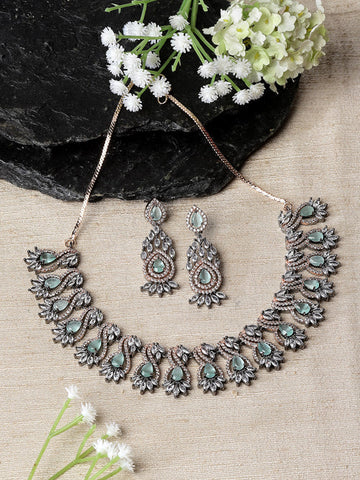 Rose Gold-Plated Gunmetal Toned Sea Green American Diamond Studded Traditional Touch Necklace & Earrings Jewellery Set