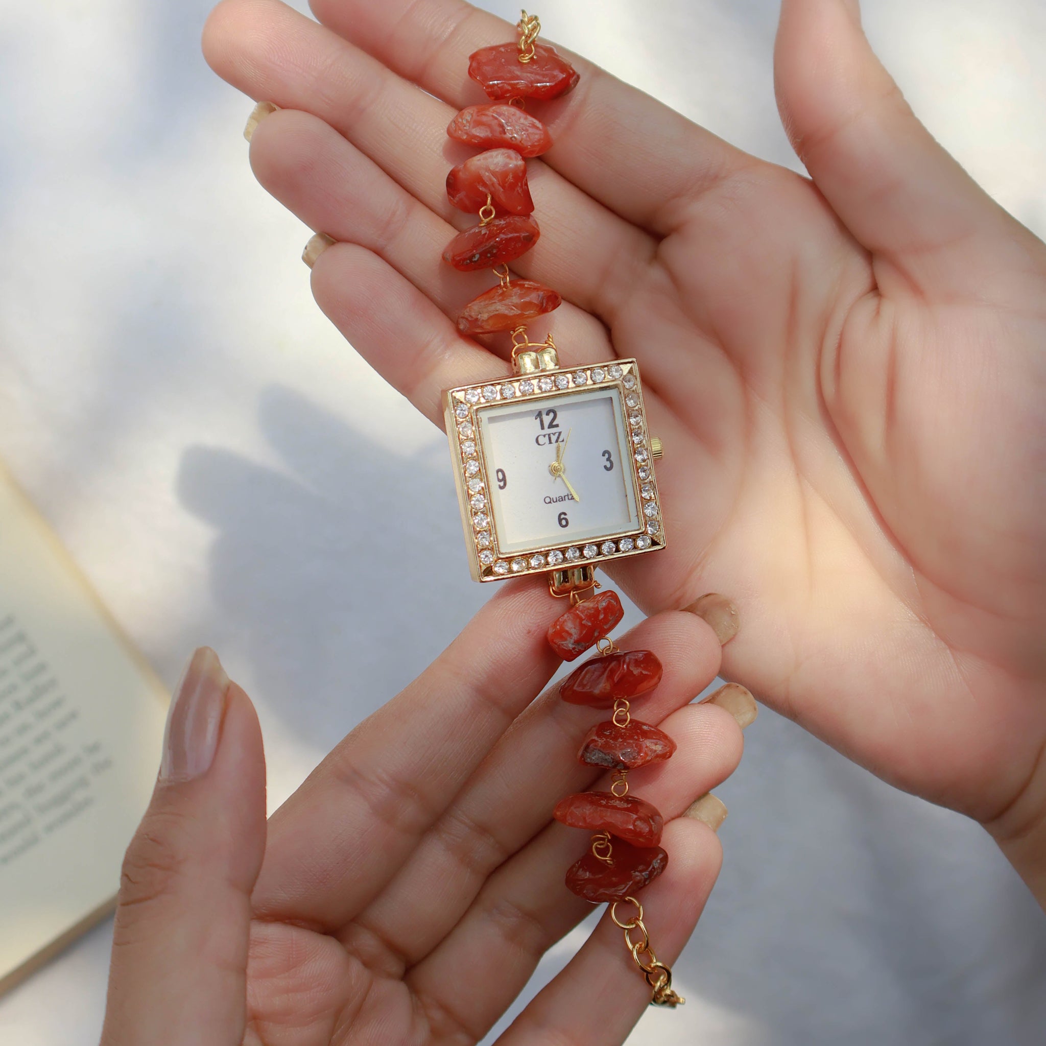 Fire Agate Stone Wrist Watch