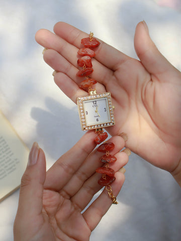 Fire Agate Stone Wrist Watch