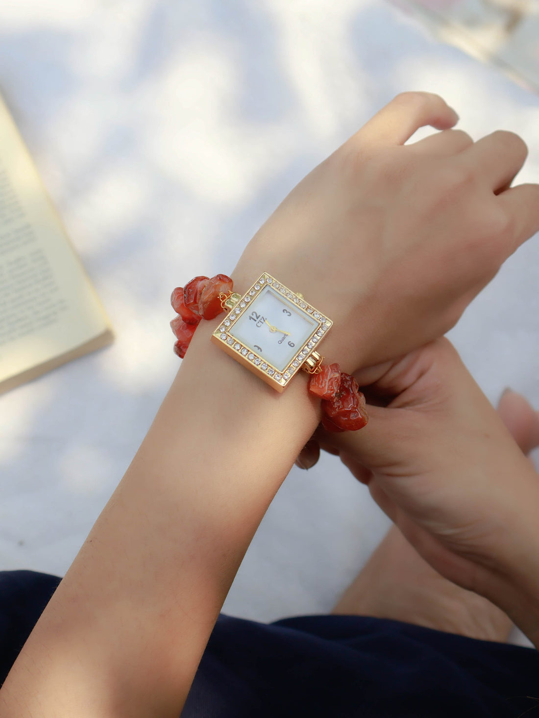 Fire Agate Stone Wrist Watch