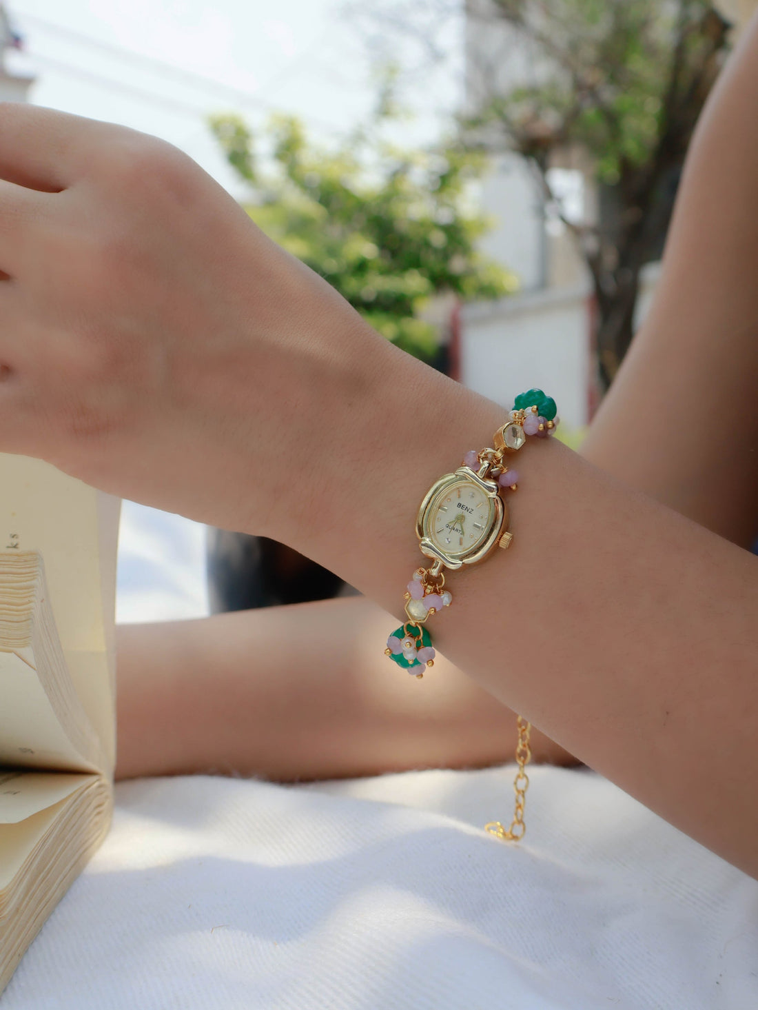 Kundan Green-Pink Wrist Watch