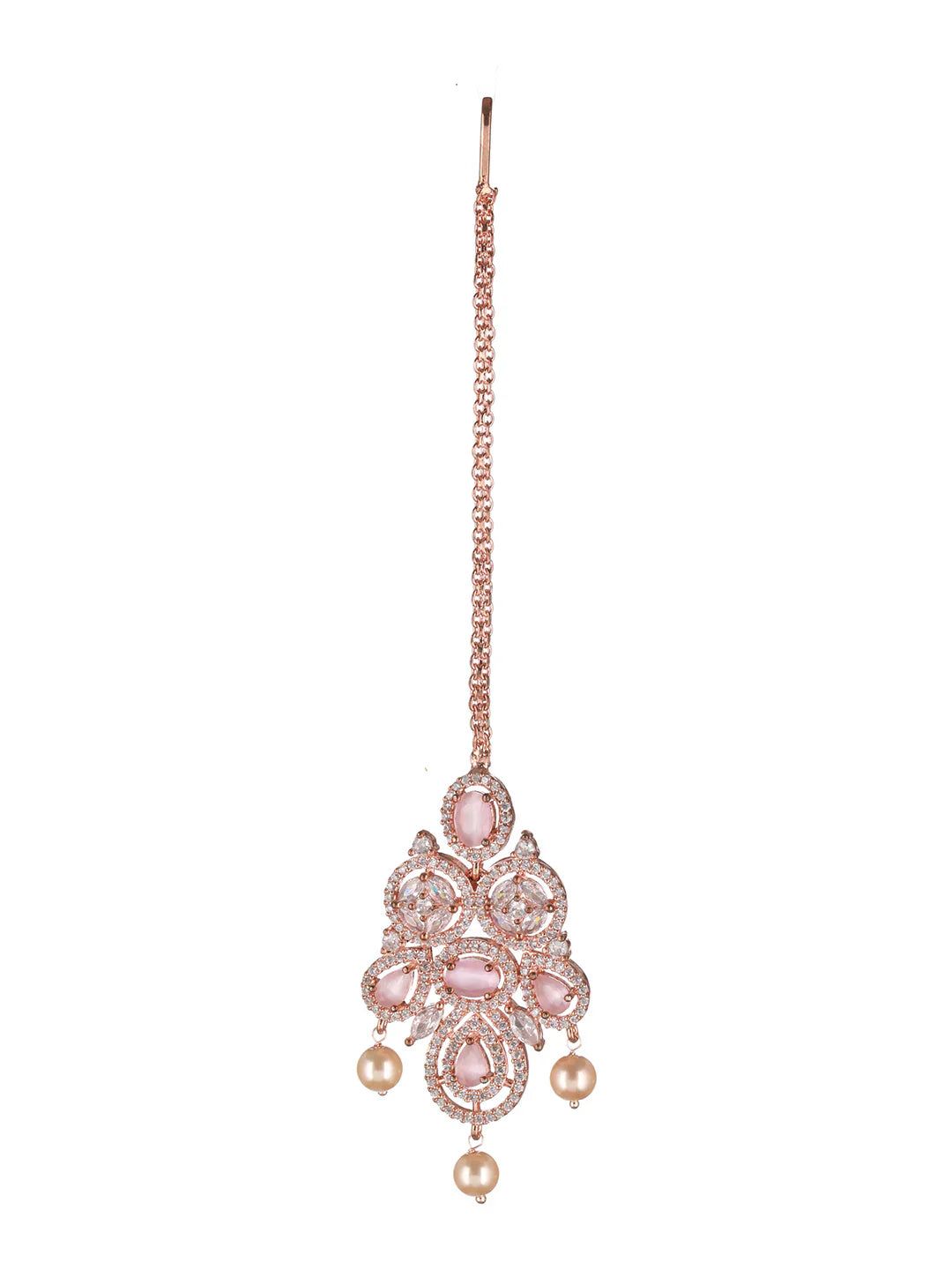 Pink Floral Design American Diamond Rose Gold-Plated Maangtikka