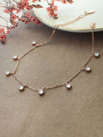 Sparkling Solitaire Charms Rose Gold Plated Sterling Silver Chain Bracelet