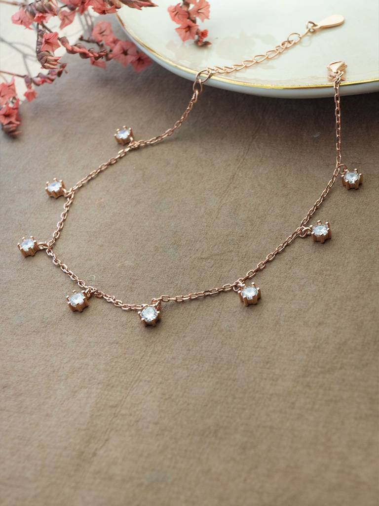 Sparkling Solitaire Charms Rose Gold Plated Sterling Silver Chain Bracelet