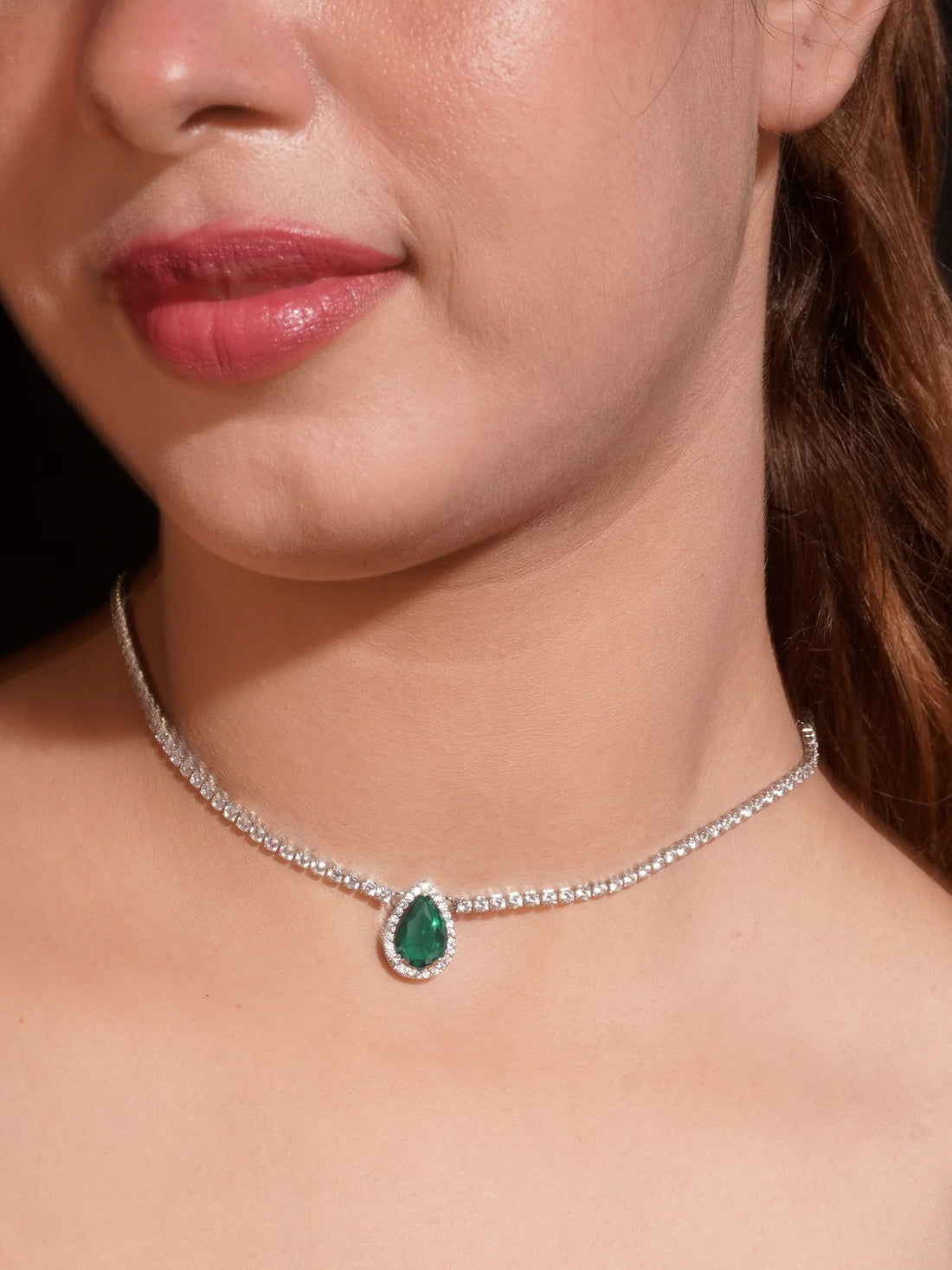 Silver Plated Green and White AD Zircon Pendant Chain