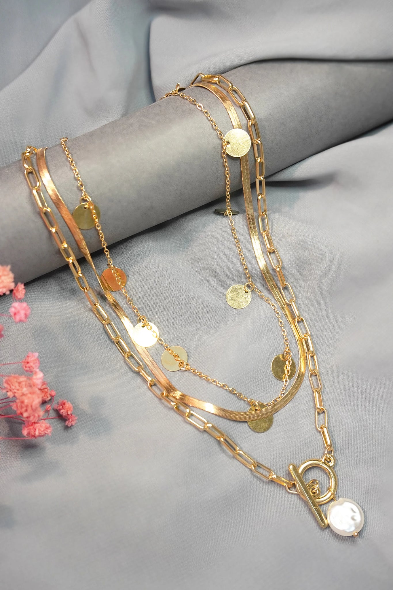 Multi-Layer Gold And Pearl Chain Necklace