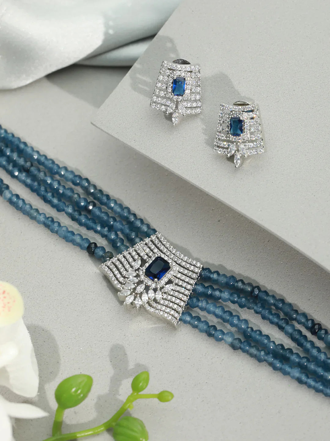 Blue Multilayer American Diamond Choker Jewellery Set