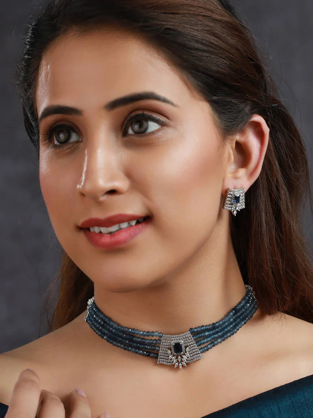 Blue Multilayer American Diamond Choker Jewellery Set