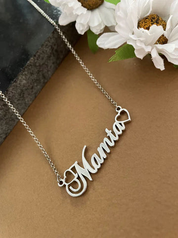 Cursive Silver Plated Name Necklace With 2 Hearts