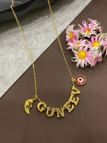 Crescent Moon Name Necklace With Evil Eye