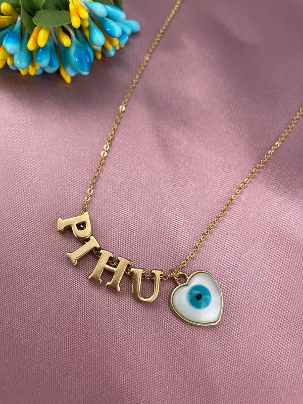 White Heart  Round Evil Eye Custom Name Necklace