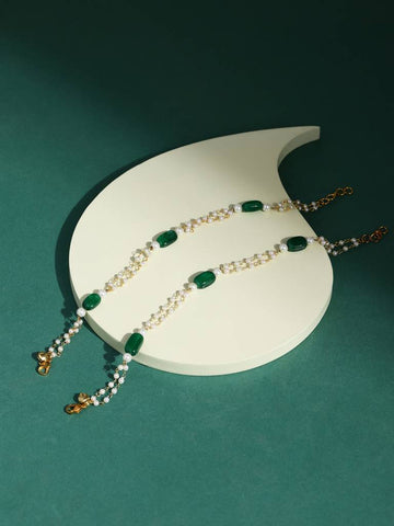 Green Stone And Pearl Anklets (Set Of 2)