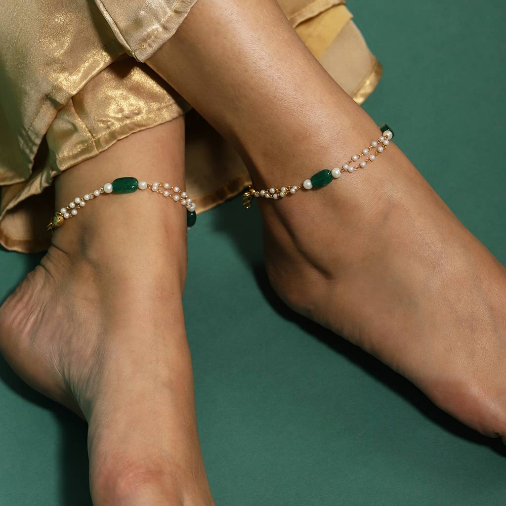 Green Stone And Pearl Anklets (Set Of 2)