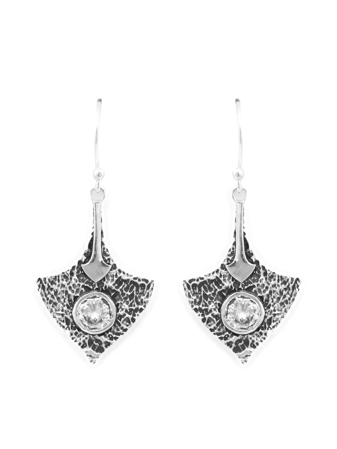 Oxidised Silver Stone Studded Triangular Leaf Earrings