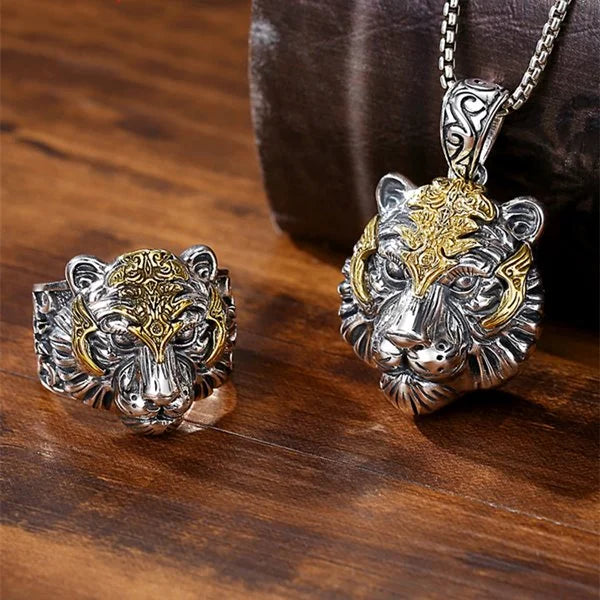 Sterling Silver Tiger Head Amulet Ring & Necklace