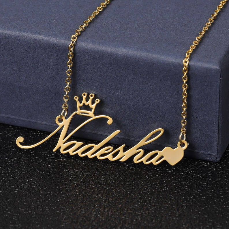 Gold Plated Crown Heart Name Necklace