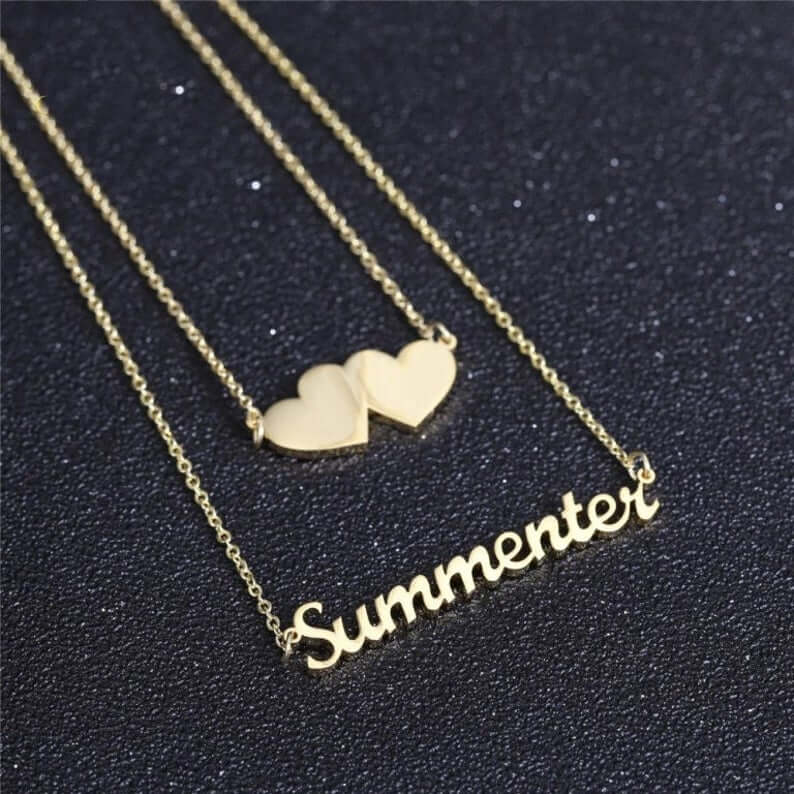 Gold Plated Double Chain Heart Name