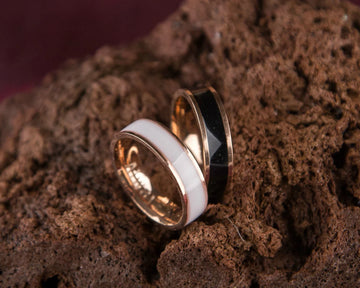 Couple Wedding Rings, Black And White Enamel Couple Rings Set