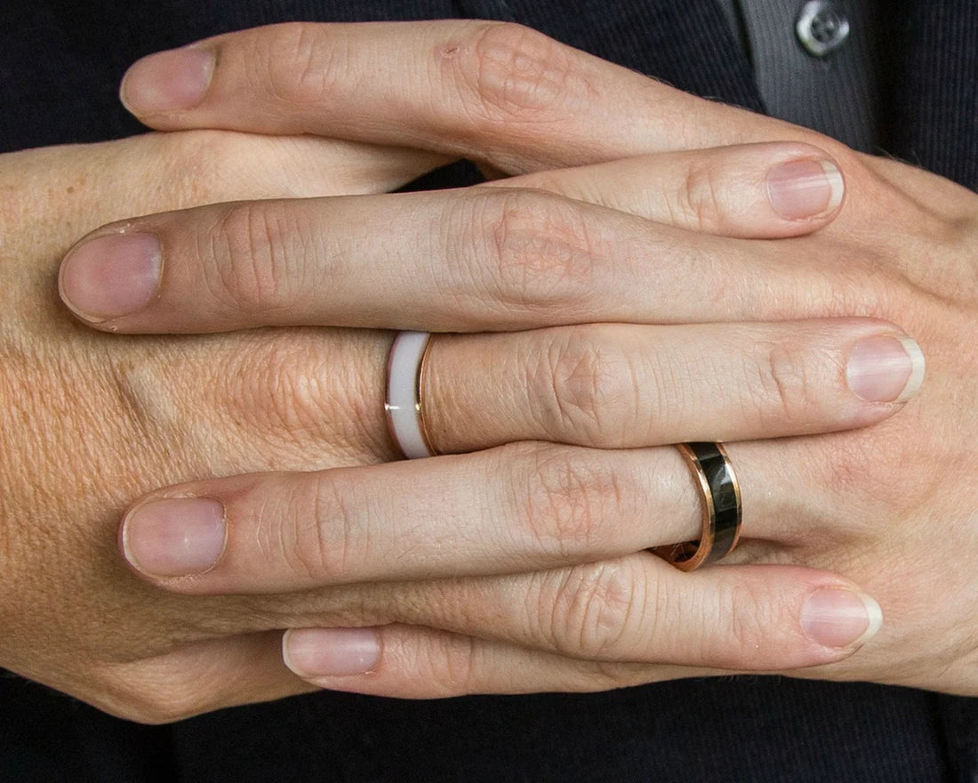 Couple Wedding Rings, Black And White Enamel Couple Rings Set