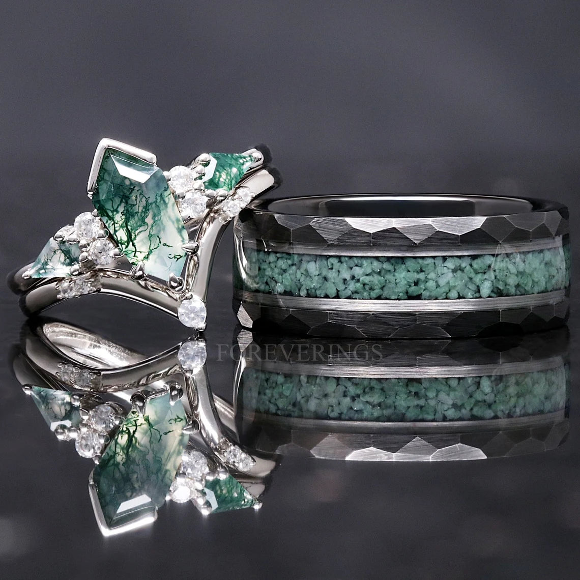 Green Moss Agate Coffin Kite Couples ring  Set