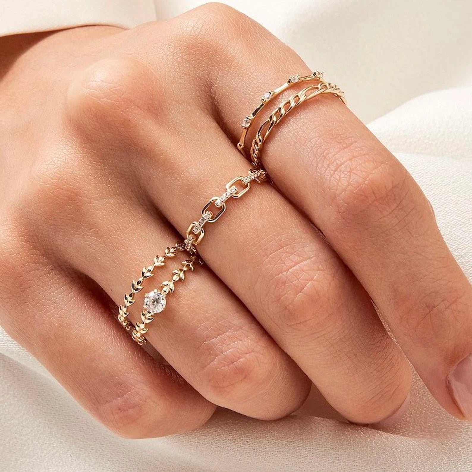 Chain Ring, Solid Gold Link Chain Ring, Dainty Stacking Ring, Womens Minimalist Gold Ring, Pave Lab Diamond Cz Ring,