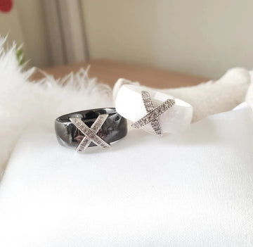 Blackwhite ceramic and stainless steel ring