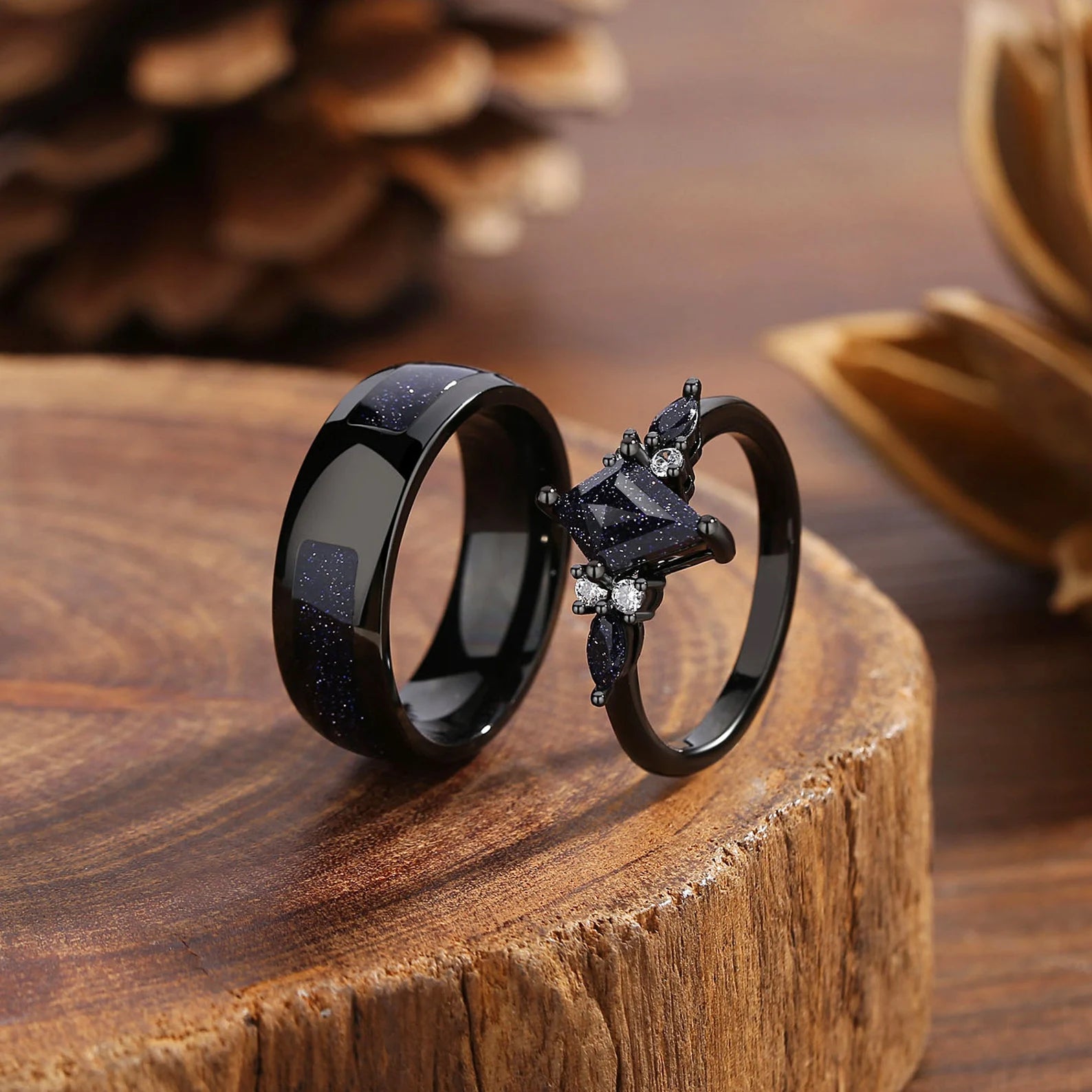 Orion Nebula Couples  Ring Set, Matching Promise Rings for Couples, Blue Sandstone Rings