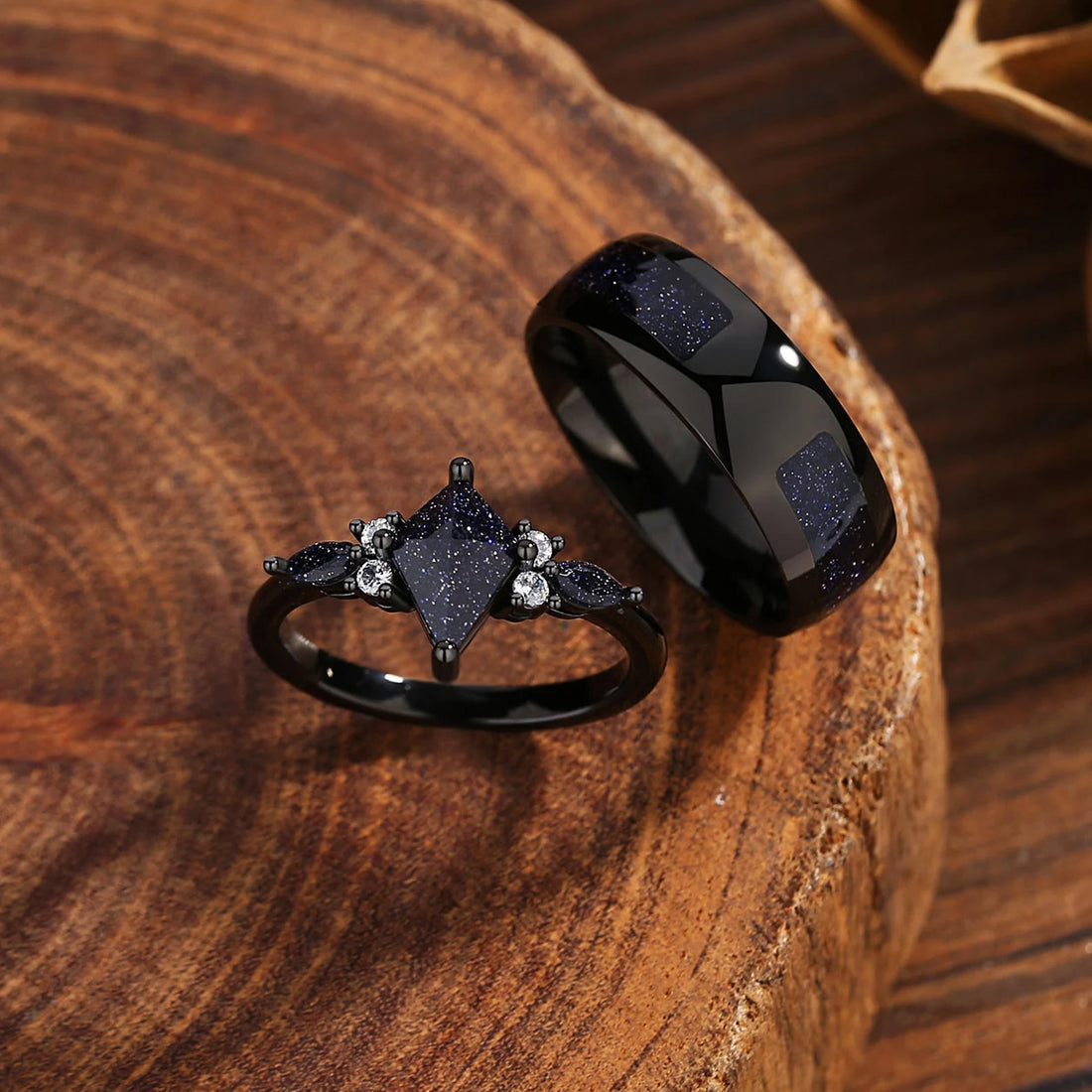 Orion Nebula Couples  Ring Set, Matching Promise Rings for Couples, Blue Sandstone Rings