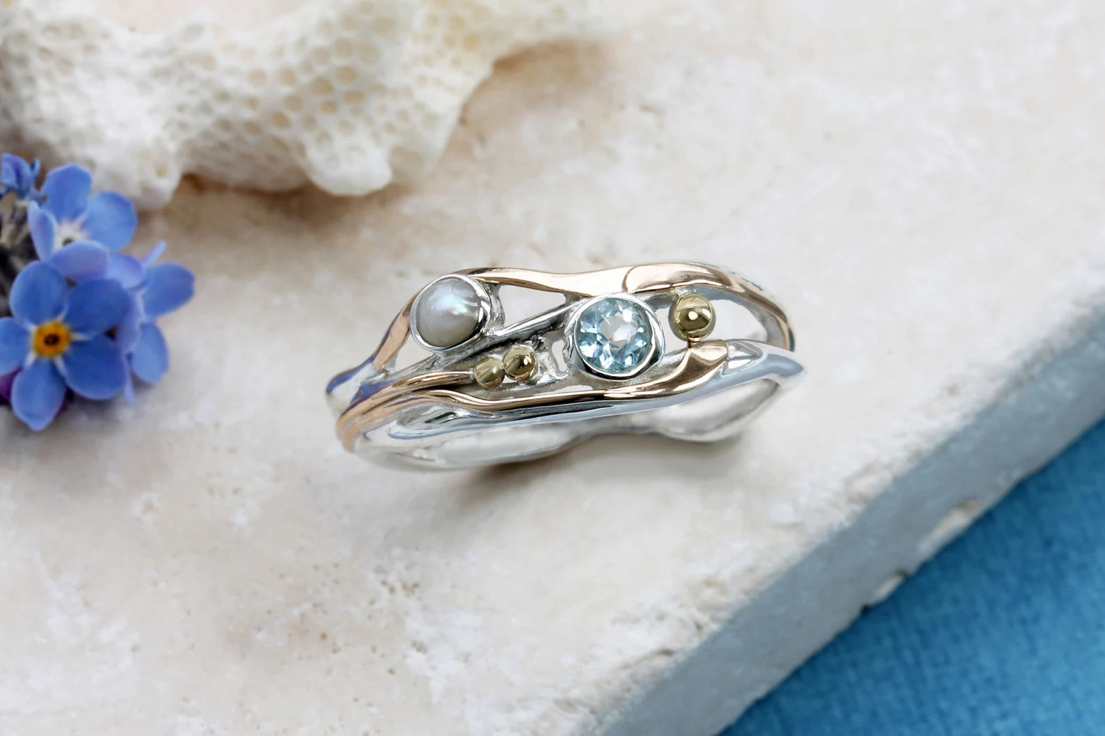 Gemstone Ring, Handmade Sterling Silver Pearl and Blue Topaz Ring