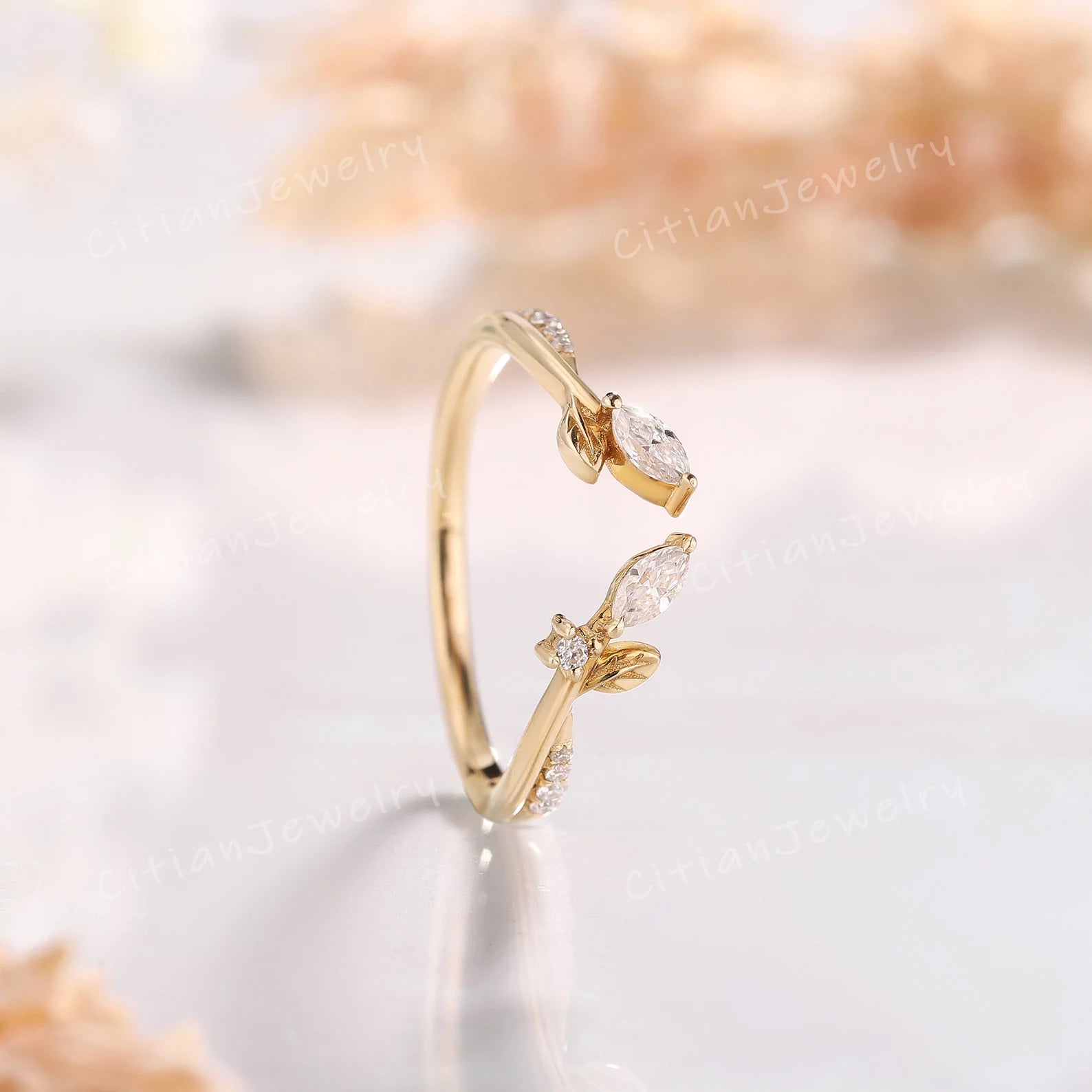Unique Marquise Cut Moissanite Open Wedding Couples  Ring Yellow Gold Leaf Ring