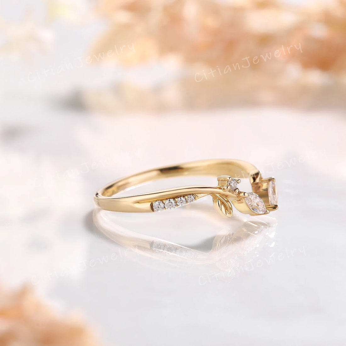 Unique Marquise Cut Moissanite Open Wedding Couples  Ring Yellow Gold Leaf Ring